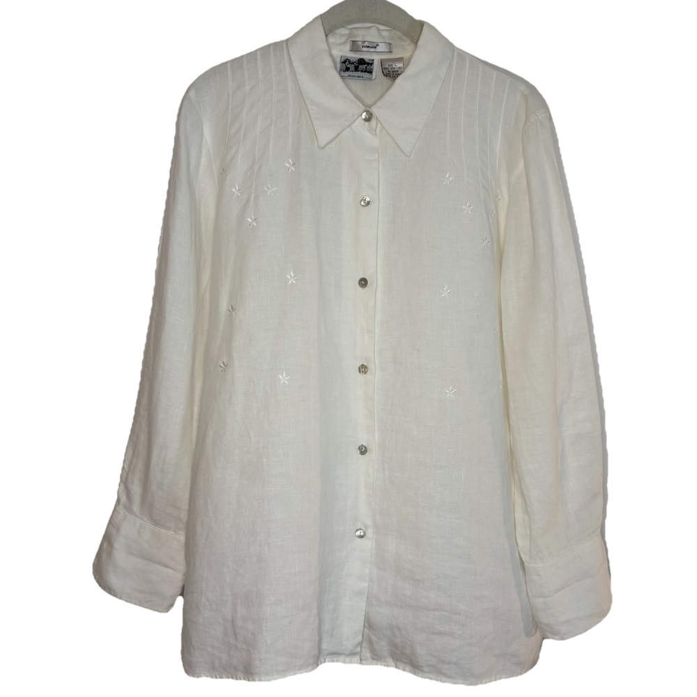 Edward Irish Linen long-sleeved button-down shirt White L Embroidered Stars